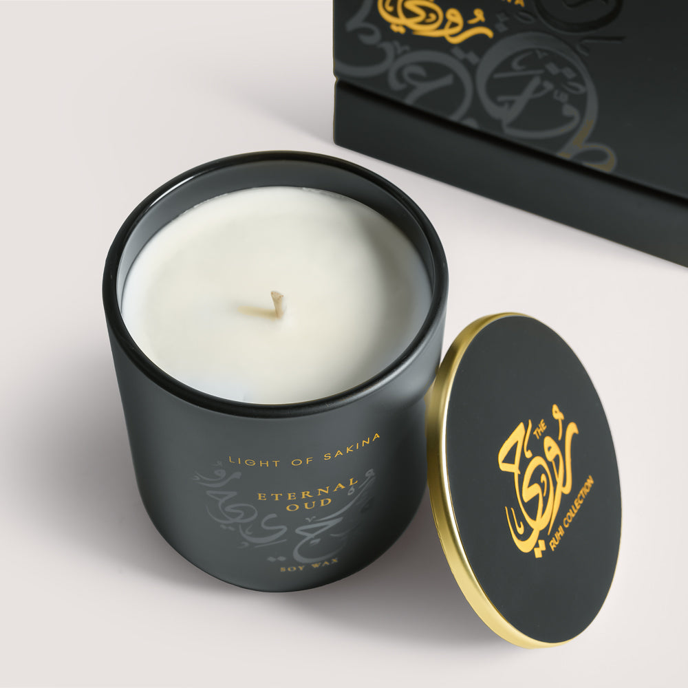 Eternal Oud 2024 candle in frosted glass with RUHI gift box, TWIGS x Light of Sakina collaboration