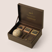 TUBA Jelani bakhoor set with stone mabkhara and gold tongs in open brown gift box, TWIGS x Light of Sakina collaboration