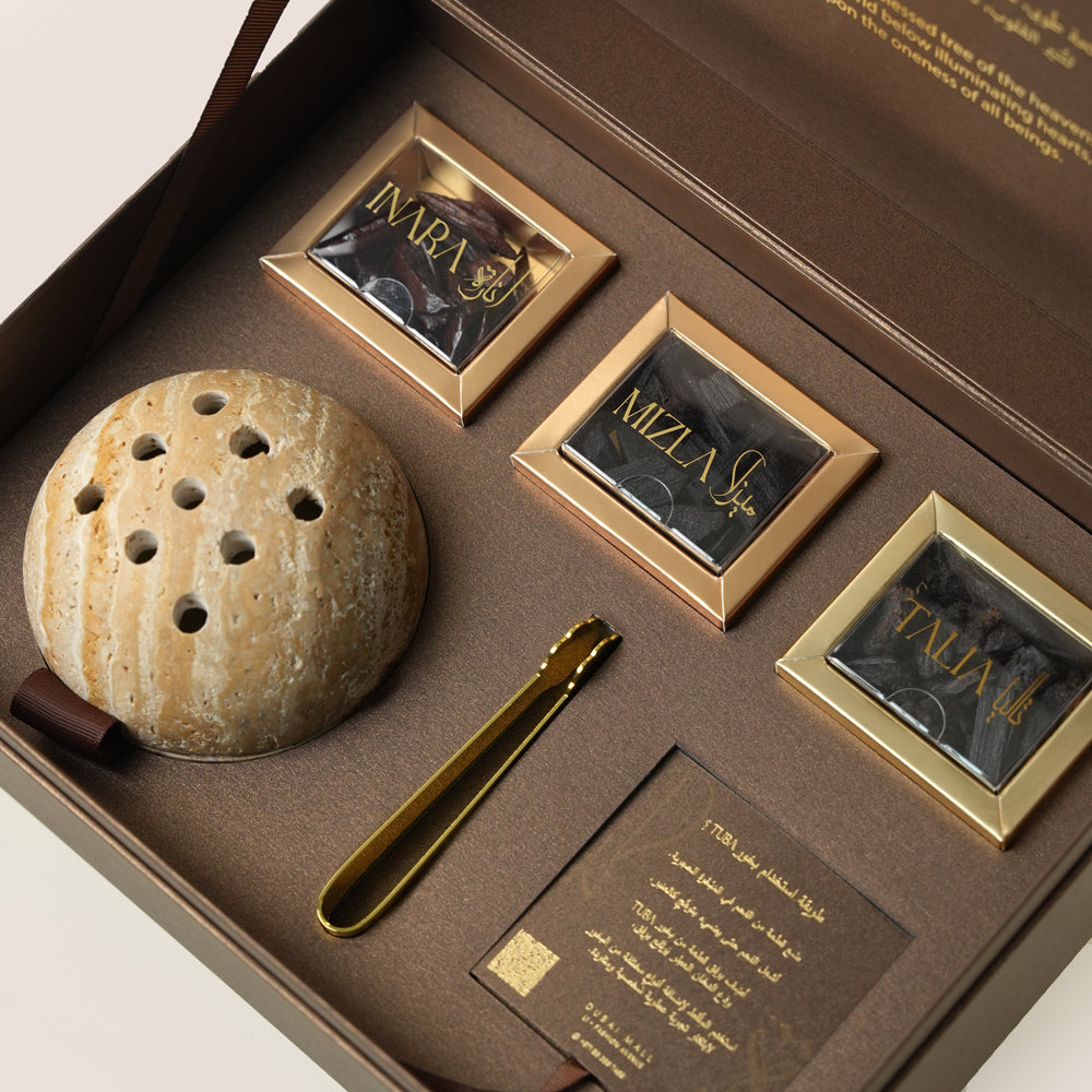 TUBA Jelani bakhoor set with stone mabkhara and gold tongs in open brown gift box, TWIGS x Light of Sakina collaboration