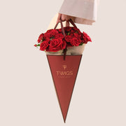 Red roses arranged in a burgundy cone bag by TWIGS Flower House in Dubai