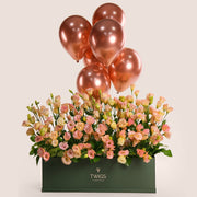 Peach Flower Garden Box with Balloons – Elegant Gift Delivery in Dubai