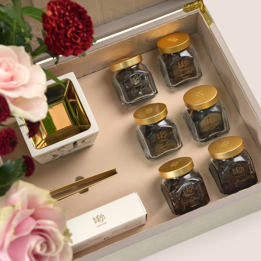 Luxury Eid flower box with Mondial roses paired with Lootah incense gift set – UAE same-day delivery