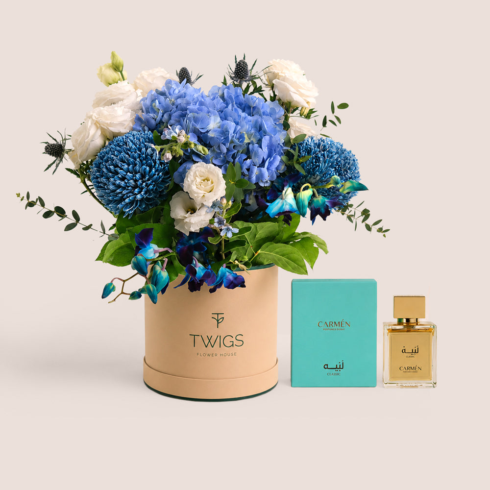 Luxe blue flower arrangement with Labaih perfume by Carmen Perfumes