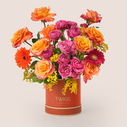 Luxury Ramadan flower arrangement with orange Ecuador roses, fuchsia spray roses and gerberas in TWIGS box – UAE delivery