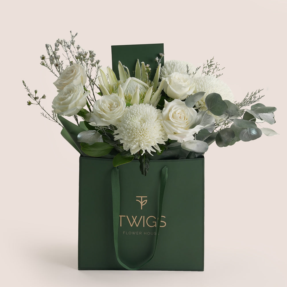 Luxury White Protea New Year Bouquet in TWIGS Bag | New Year Flowers Dubai