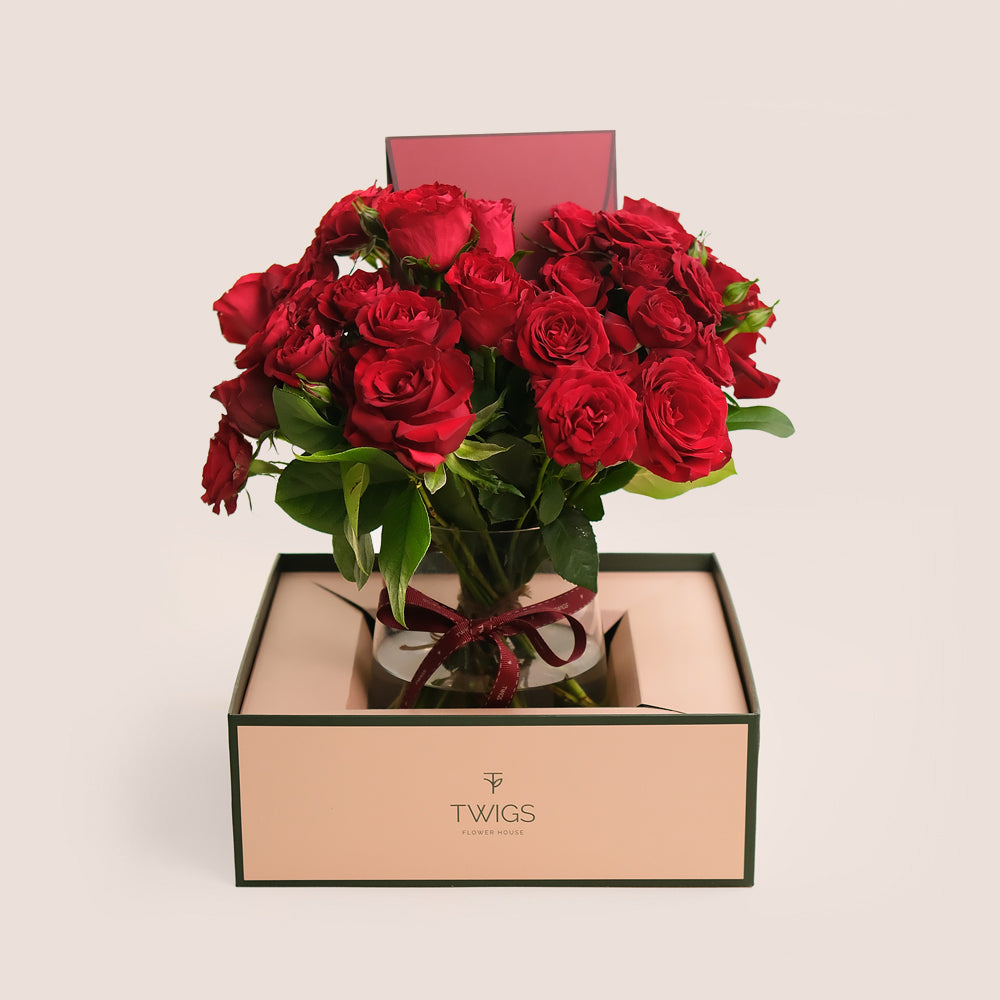 Luxury red roses bouquet in a glass vase – Valentine’s Day flower gift by TWIGS in the UAE