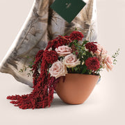 Manar’s Choice – Burgundy Deco Mums & Quicksand Roses in Coral Ceramic Vase