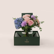 Pink Roses & Lavender Carnations in a Flower Vase – Soft Elegance with a Touch of Charm