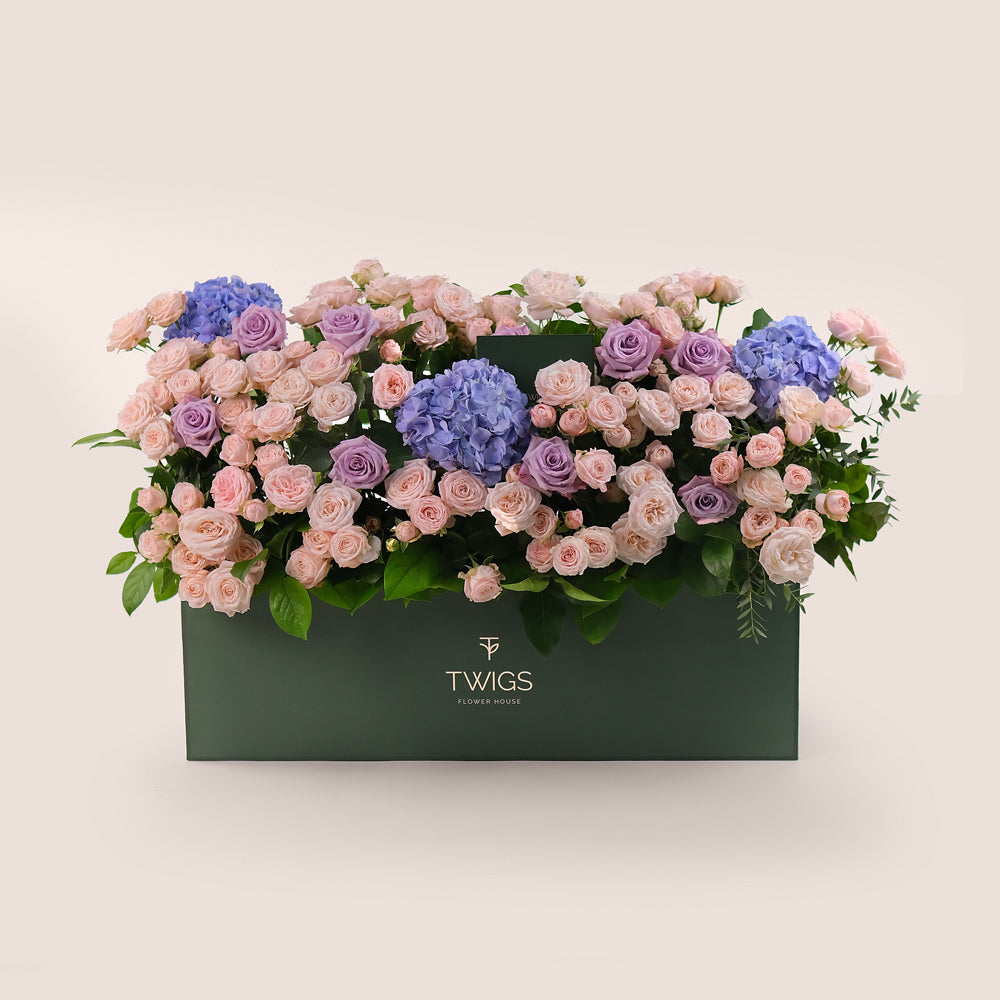 Premium Flowers in a Garden Box – A Lush Display of Purple Hydrangeas, Lavender Roses & Bombastic Blooms