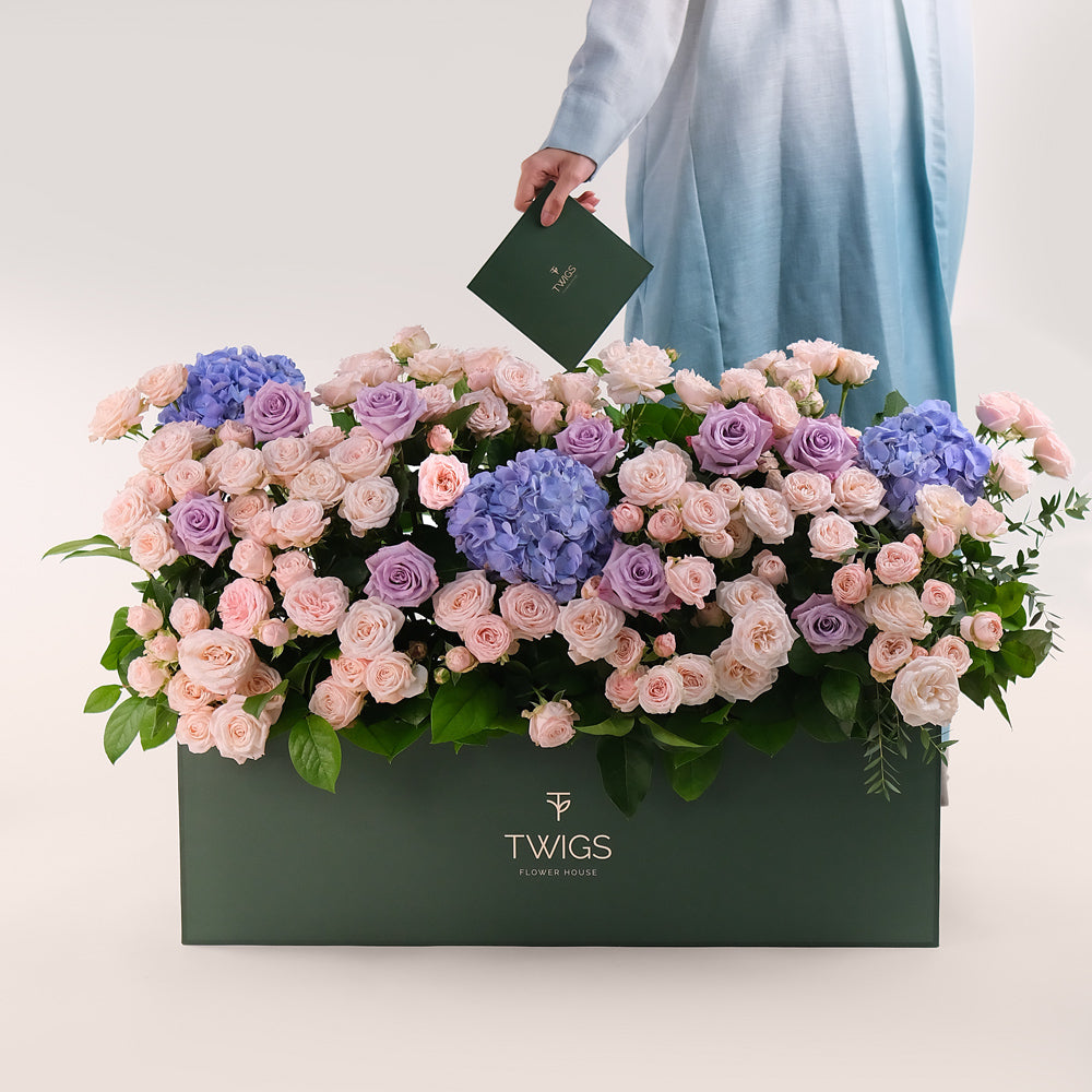 Premium Flowers in a Garden Box – A Lush Display of Purple Hydrangeas, Lavender Roses & Bombastic Blooms