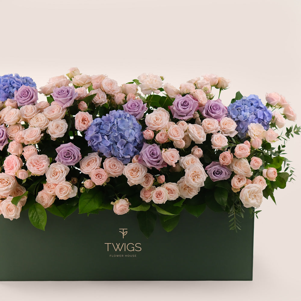 Premium Flowers in a Garden Box – A Lush Display of Purple Hydrangeas, Lavender Roses & Bombastic Blooms