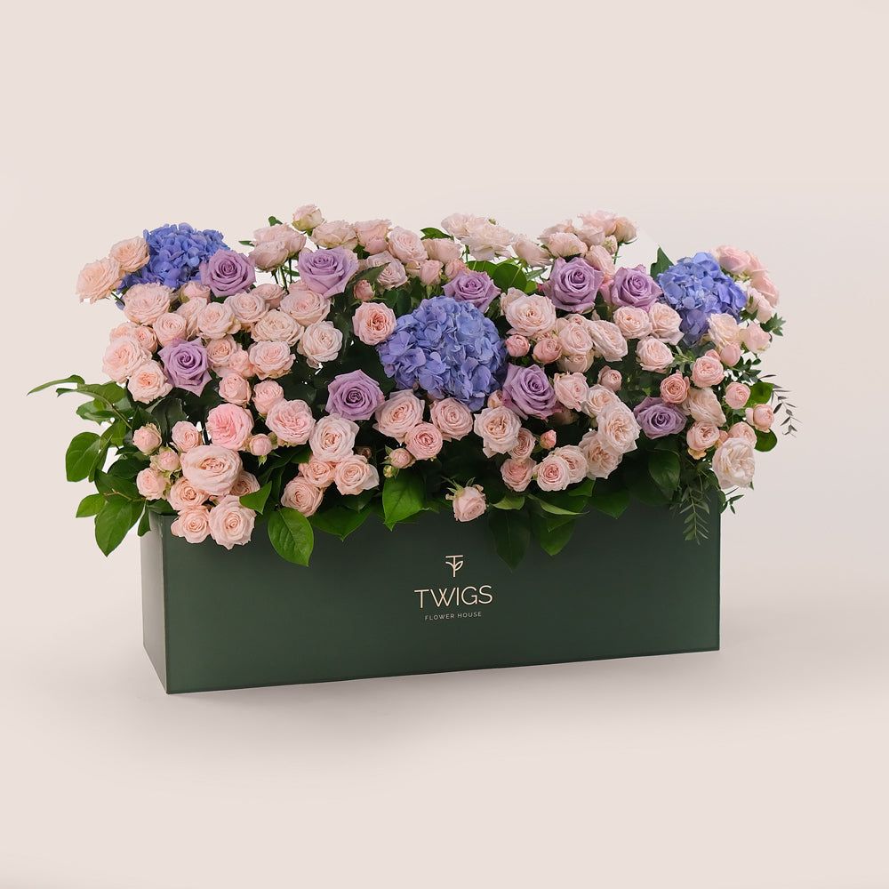 Premium Flowers in a Garden Box – A Lush Display of Purple Hydrangeas, Lavender Roses & Bombastic Blooms