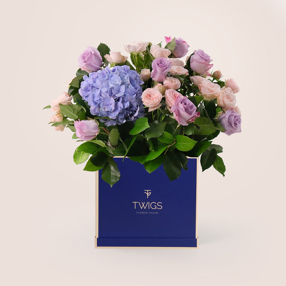 Elegant Purple & Pink Floral Mix in TWIGS Signature Flower Box – Timeless Charm in Every Bloom