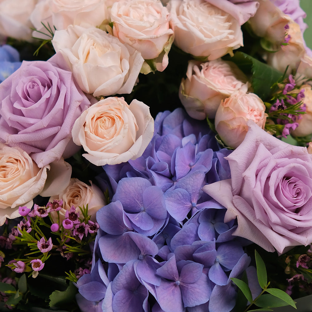 Purple Hydrangea & Rose Hand Bouquet – Soft Elegance in a Chic Flower Gift Bag