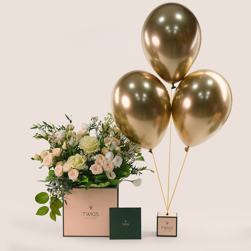 Ivory Bloom Mother's Day Flower Box & Gold Balloons Bundle