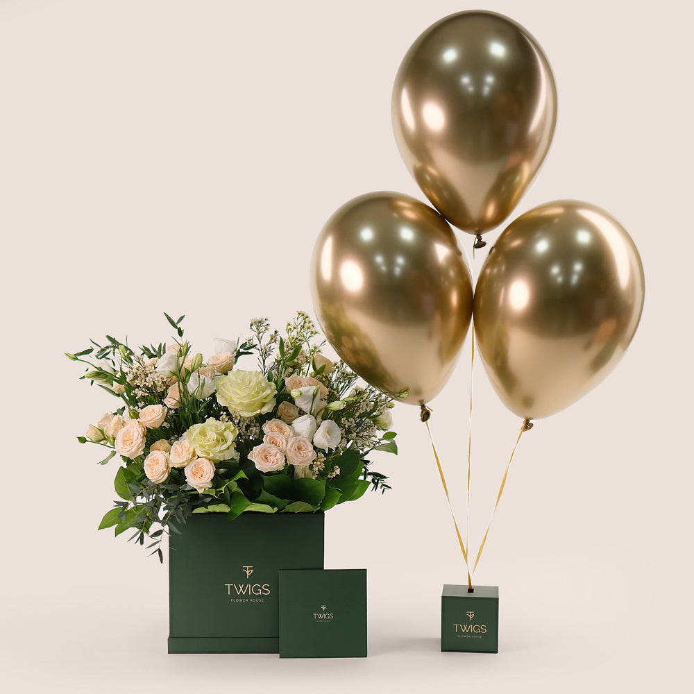 Ivory Bloom Mother's Day Flower Box & Gold Balloons Bundle