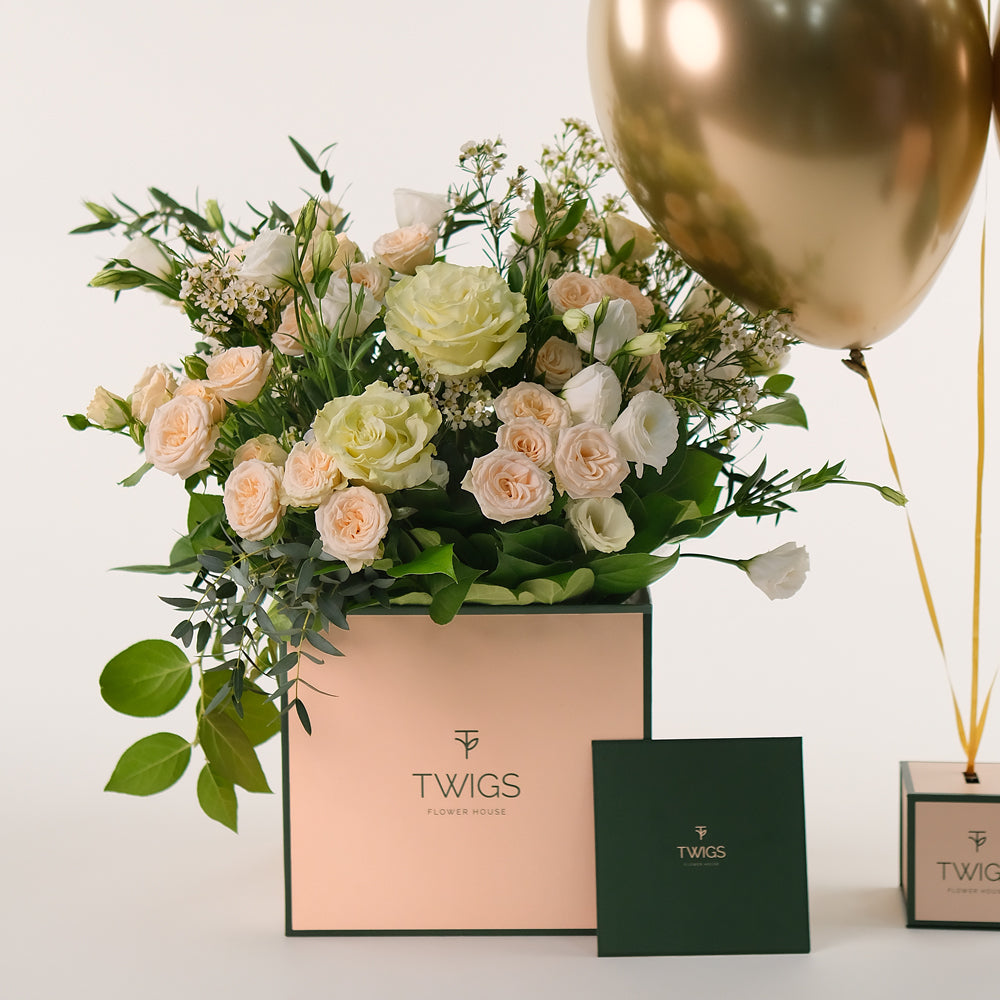 Ivory Bloom Mother's Day Flower Box & Gold Balloons Bundle