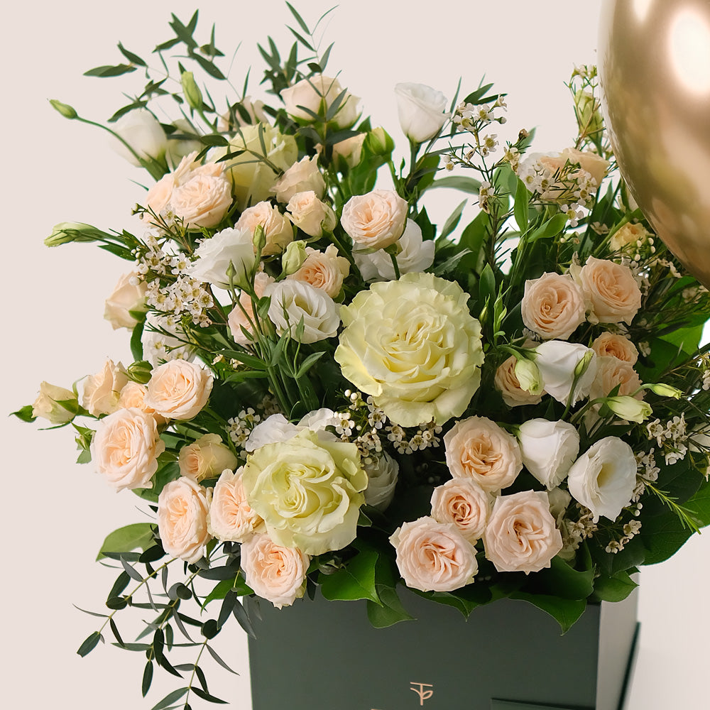 Ivory Bloom Mother's Day Flower Box & Gold Balloons Bundle