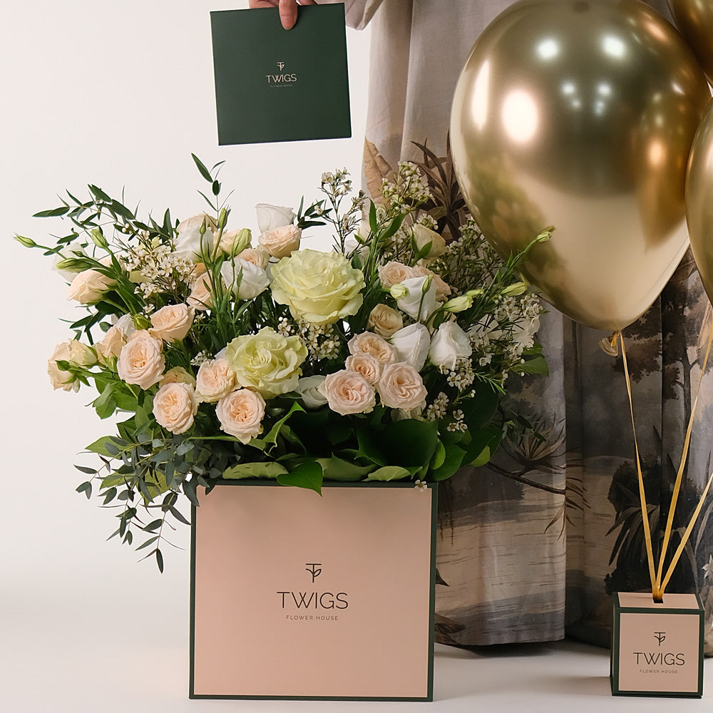 Ivory Bloom Mother's Day Flower Box & Gold Balloons Bundle