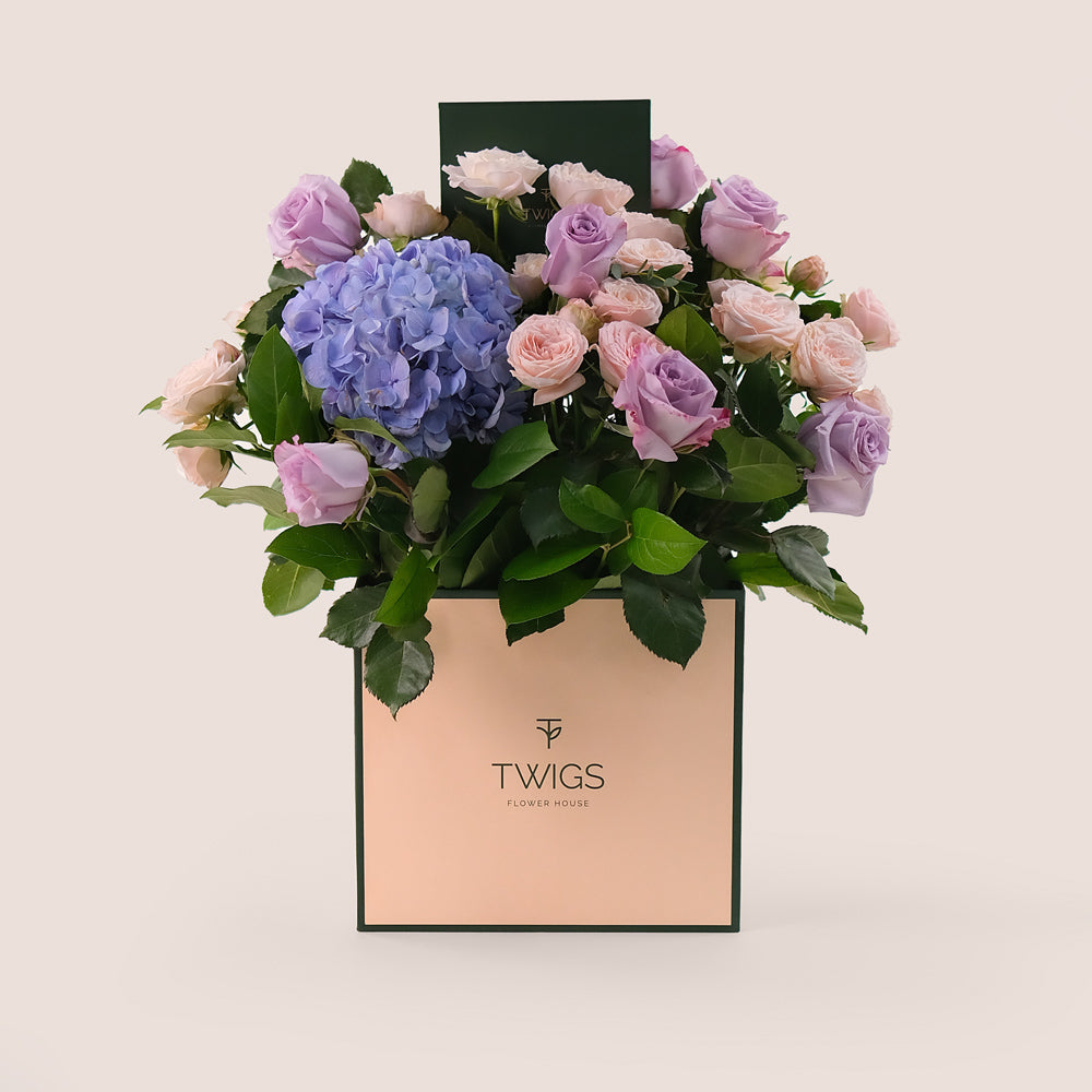 Elegant Purple & Pink Floral Mix in TWIGS Signature Flower Box – Timeless Charm in Every Bloom