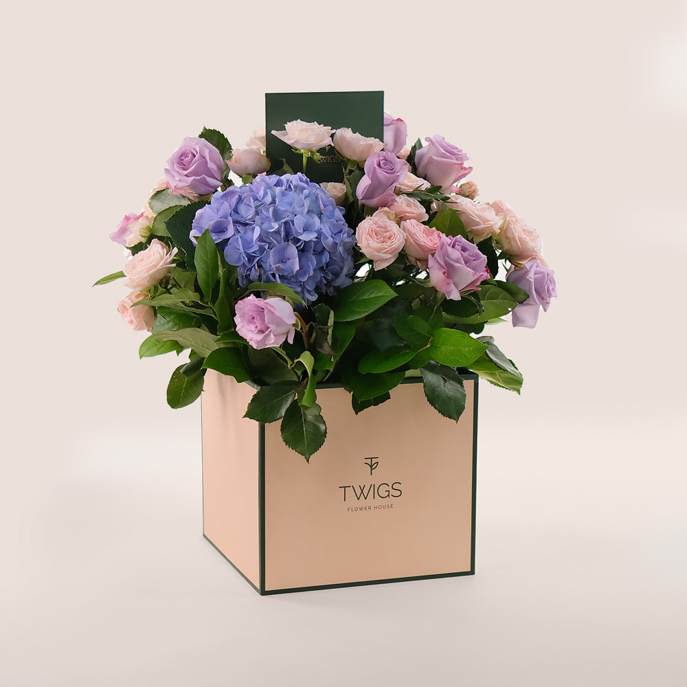 Elegant Purple & Pink Floral Mix in TWIGS Signature Flower Box – Timeless Charm in Every Bloom