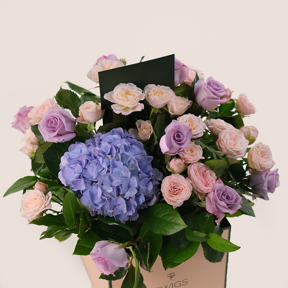 Elegant Purple & Pink Floral Mix in TWIGS Signature Flower Box – Timeless Charm in Every Bloom