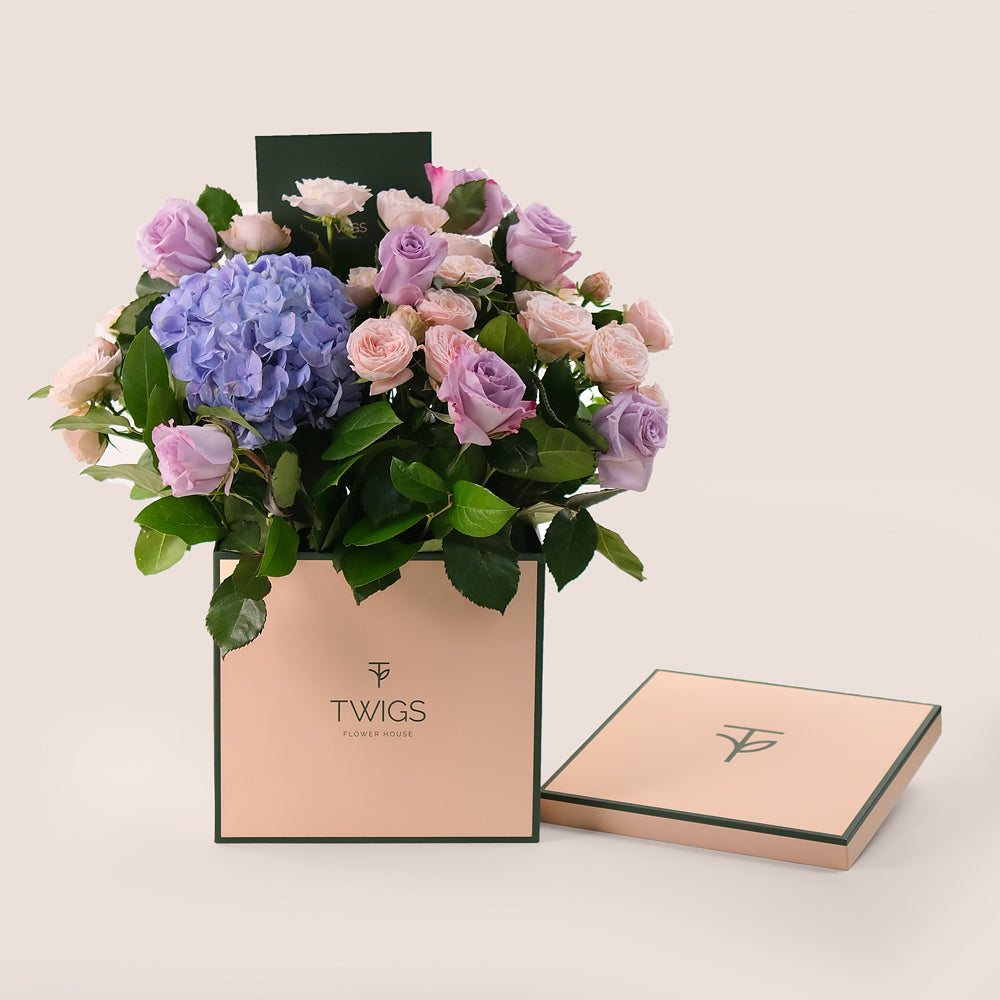 Elegant Purple & Pink Floral Mix in TWIGS Signature Flower Box – Timeless Charm in Every Bloom