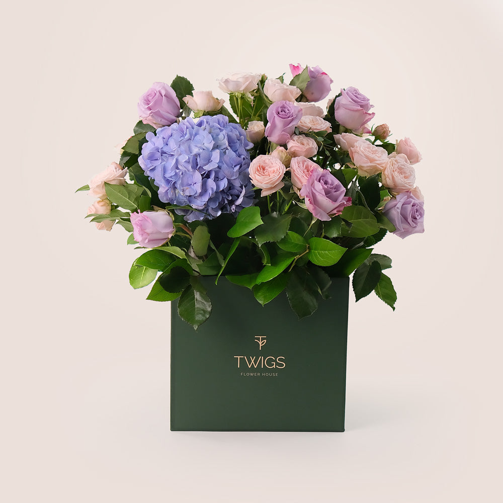 Elegant Purple & Pink Floral Mix in TWIGS Signature Flower Box – Timeless Charm in Every Bloom