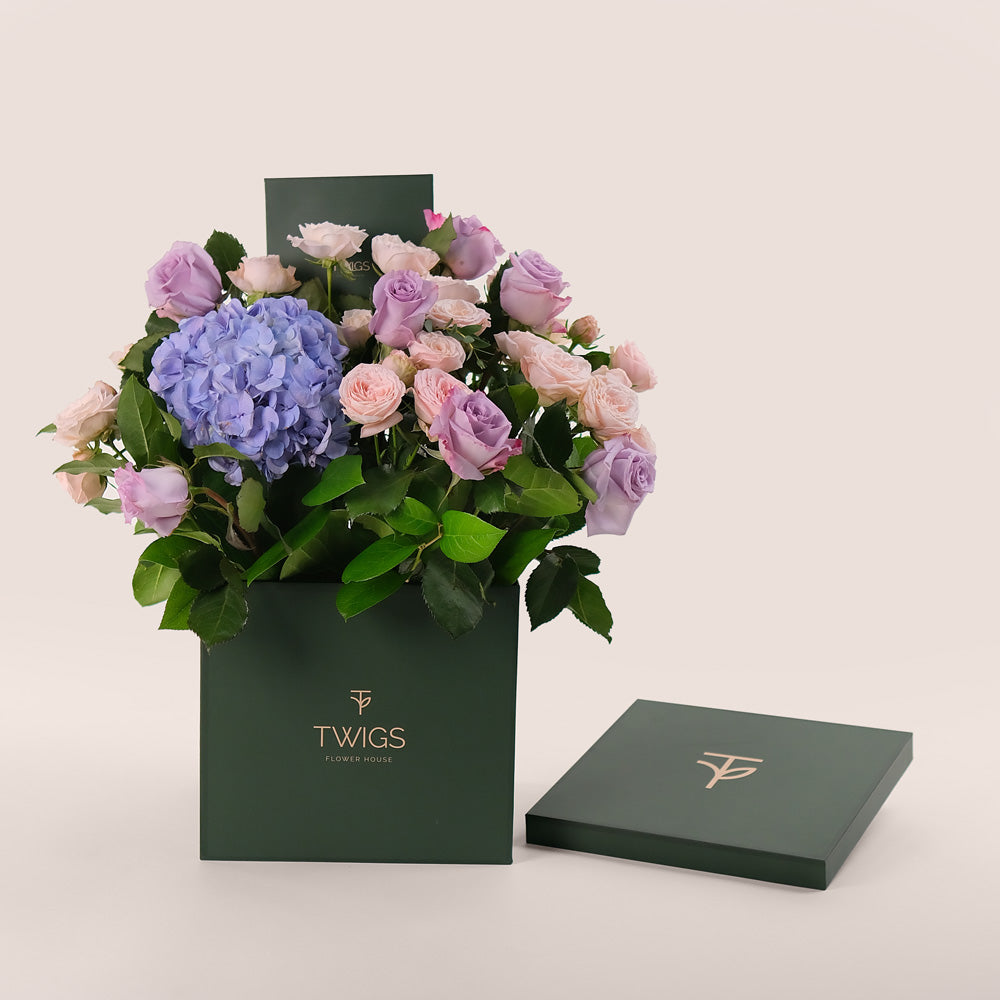 Elegant Purple & Pink Floral Mix in TWIGS Signature Flower Box – Timeless Charm in Every Bloom