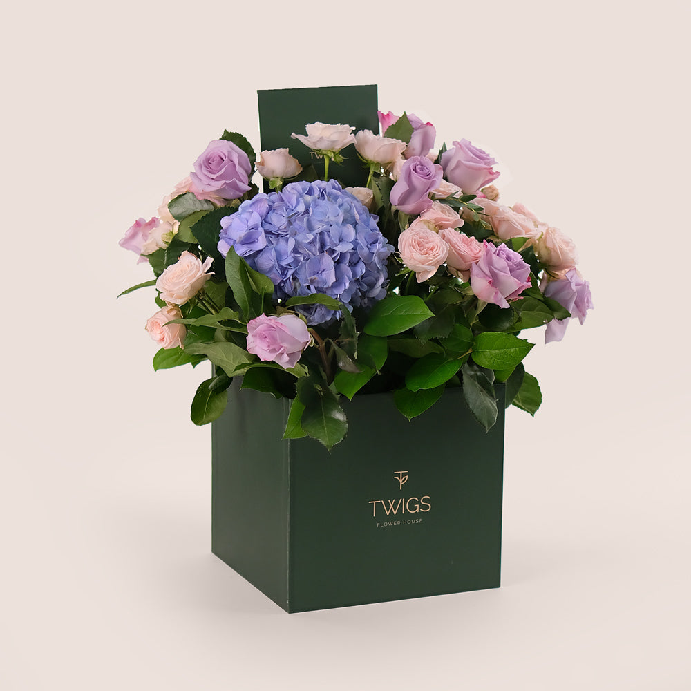 Elegant Purple & Pink Floral Mix in TWIGS Signature Flower Box – Timeless Charm in Every Bloom