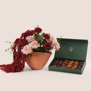 Manar’s Choice – Ramadan Flowers in Coral Vase with Premium Gourmet Dates Bundle