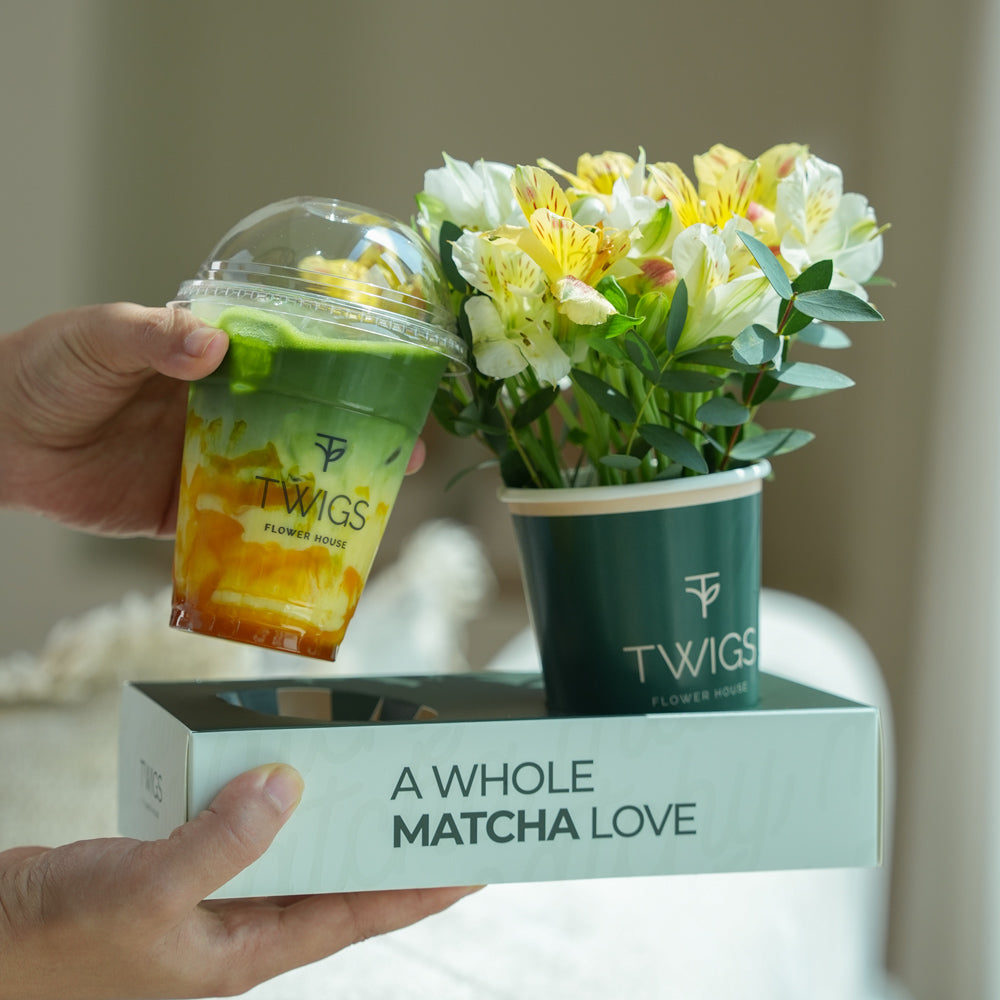Mango matcha with flowers and balloons twigs uae