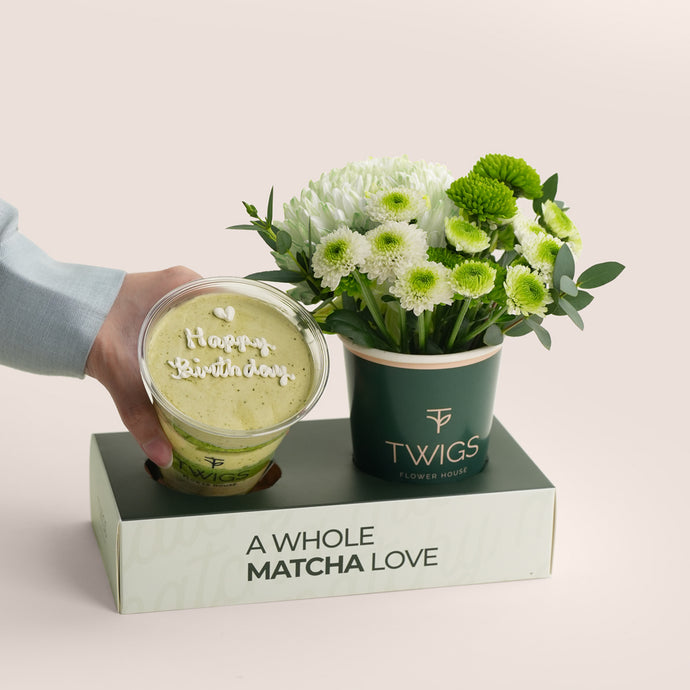Happy Birthday Matcha Bloom Duo | Flowers & Cake Gift Dubai UAE – TWIGS