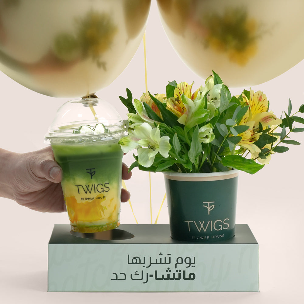 Mango matcha with flowers and balloons twigs uae