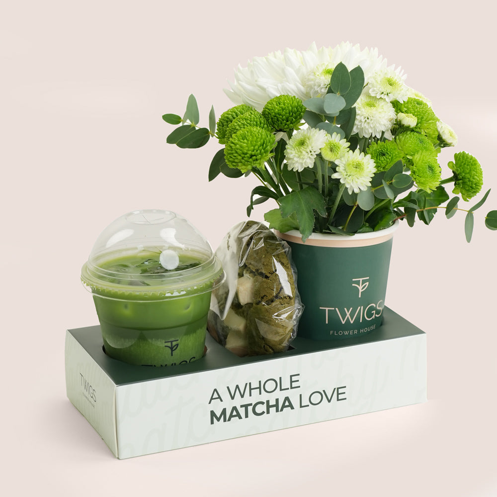 Classic Matcha Bloom Duo | Chrysanthemums with Matcha Latte & Cookie