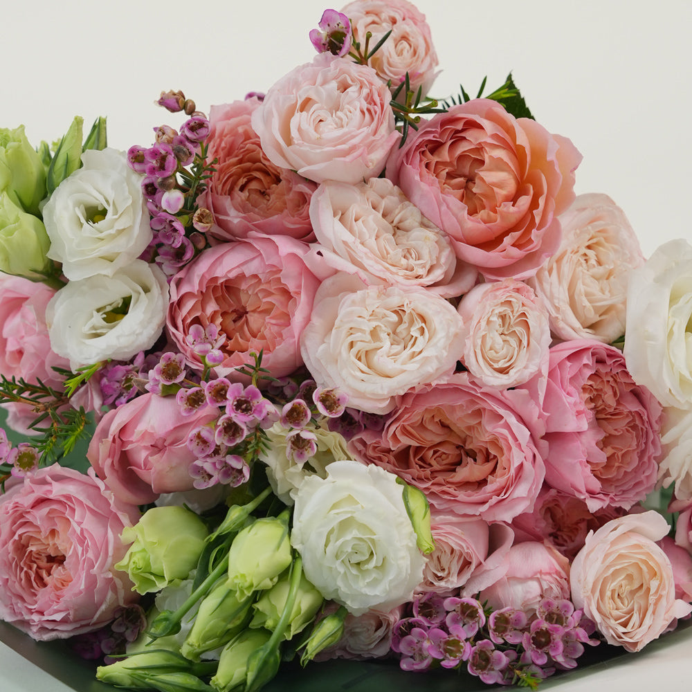 Blushing Bloom Mother’s Day flower arrangement with pink roses in TWIGS cone shaped flower carry bag