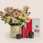 Peach Harmony Mother’s Day flower arrangement in TWIGS deluxe round box paired with Rituals Ayurveda gift set