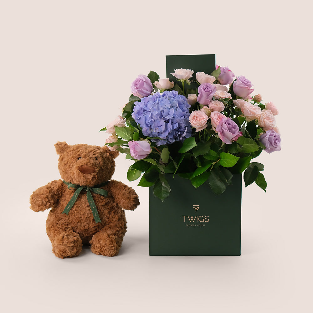 Violet Hues - Mother's Day Flowers & Teddy Bear Gift Set