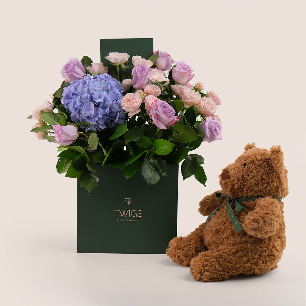 Violet Hues - Mother's Day Flowers & Teddy Bear Gift Set