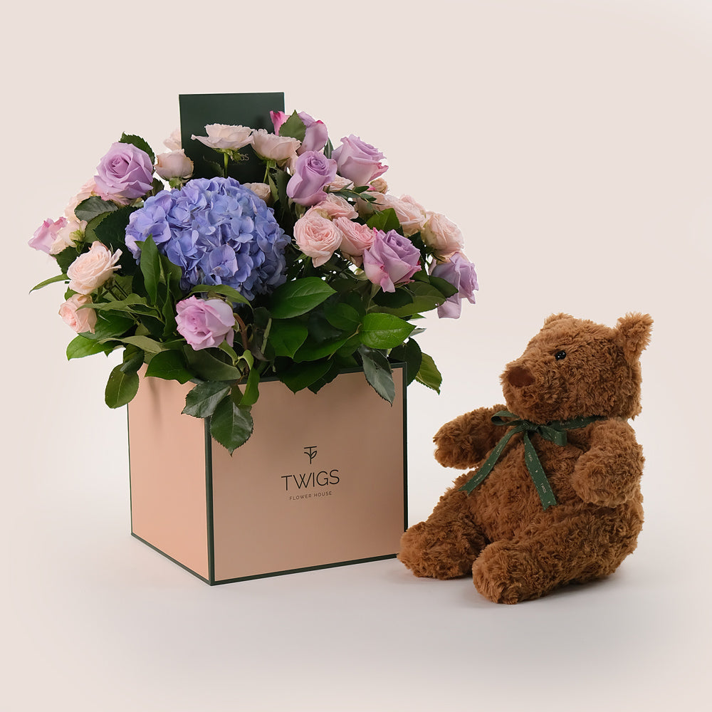 Violet Hues - Mother's Day Flowers & Teddy Bear Gift Set