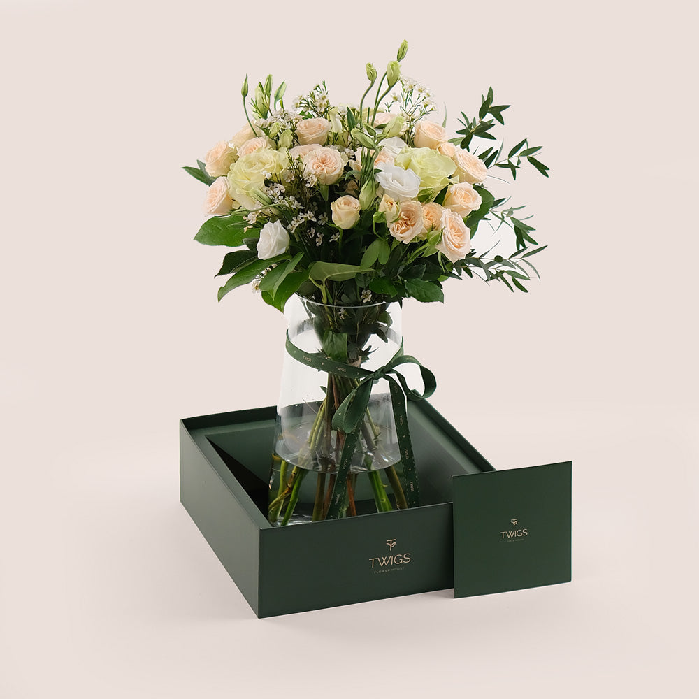 Mother' Day Ivory Bloom Flowers in Vase – Delivered in TWIGS Signature Vase Box