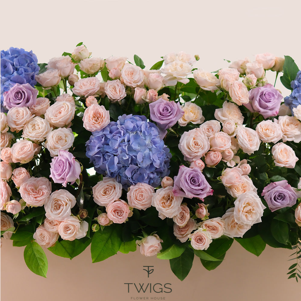 Premium Flowers in a Garden Box – A Lush Display of Purple Hydrangeas, Lavender Roses & Bombastic Blooms