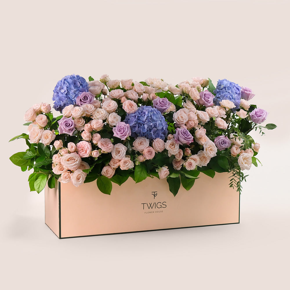 Premium Flowers in a Garden Box – A Lush Display of Purple Hydrangeas, Lavender Roses & Bombastic Blooms