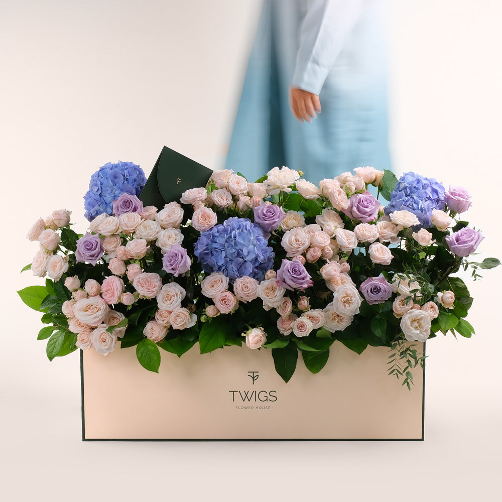 Premium Flowers in a Garden Box – A Lush Display of Purple Hydrangeas, Lavender Roses & Bombastic Blooms