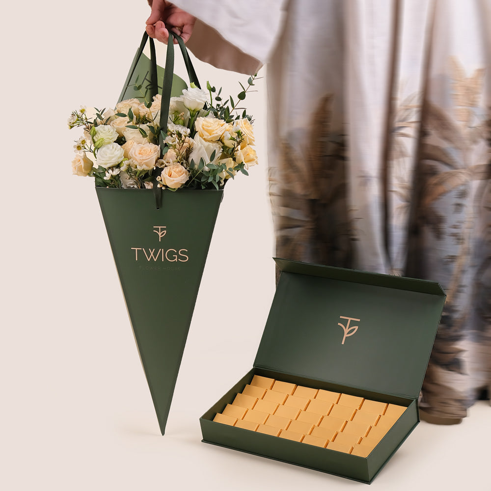 Ivory Bloom Mother's Day Flowers  & Belgian Chocolate Gift Set