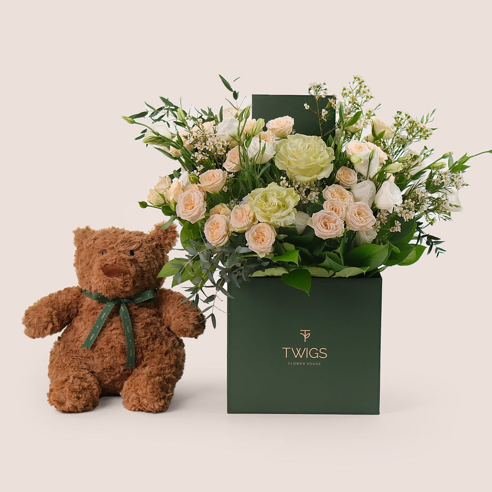 Ivory Bloom Mother's Day Gift Set -  Fresh Flowers & Plush Teddy Bear Bundle