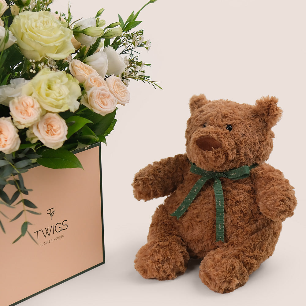 Ivory Bloom Mother's Day Gift Set -  Fresh Flowers & Plush Teddy Bear Bundle