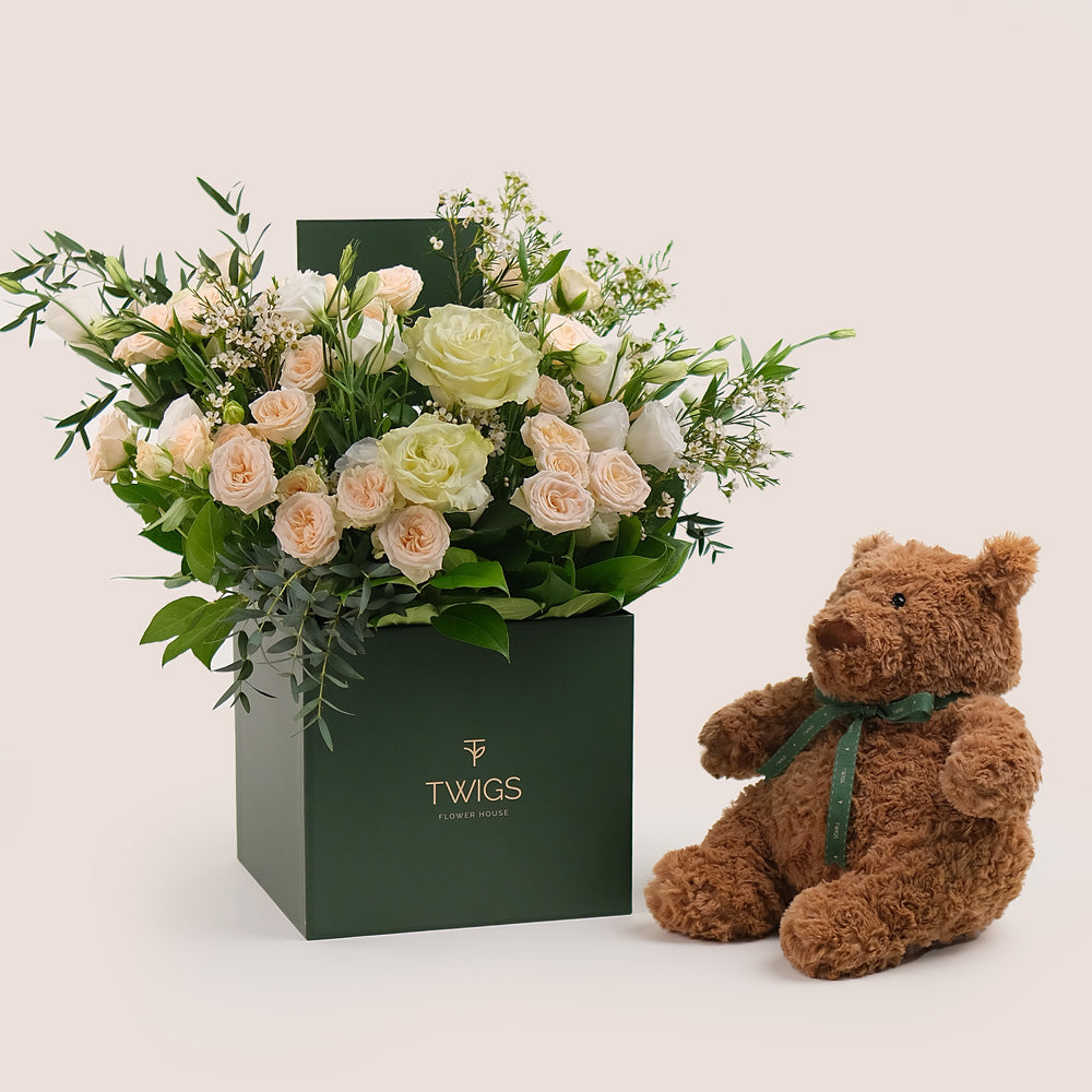 Ivory Bloom Mother's Day Gift Set -  Fresh Flowers & Plush Teddy Bear Bundle