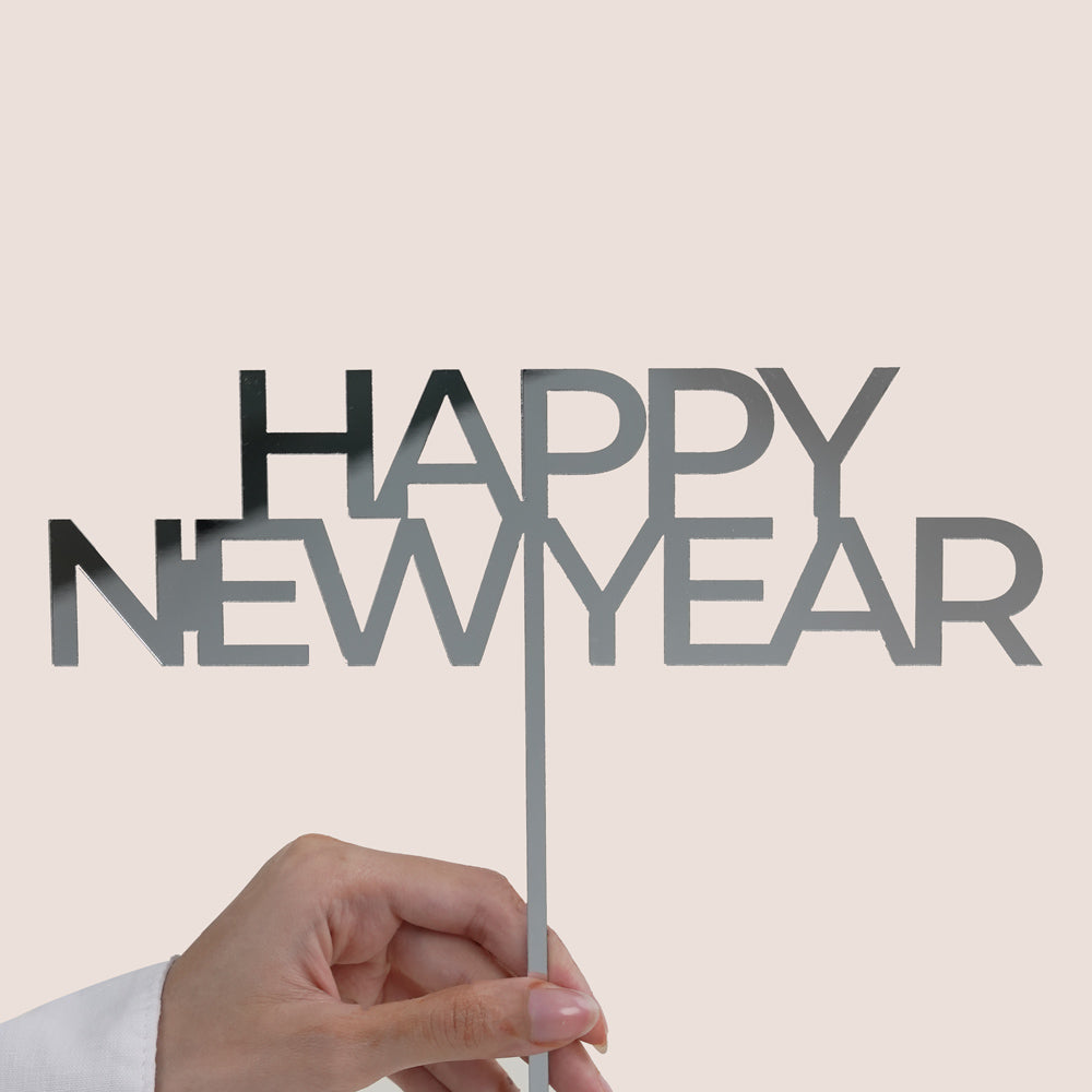Silver “Happy New Year” Message Topper | New Year Add-On Dubai