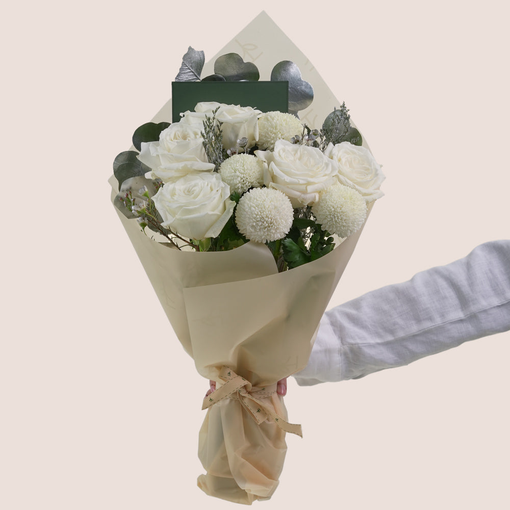 White & Silver New Year Bouquet in TWIGS Cone Bag | New Year Flowers Dubai